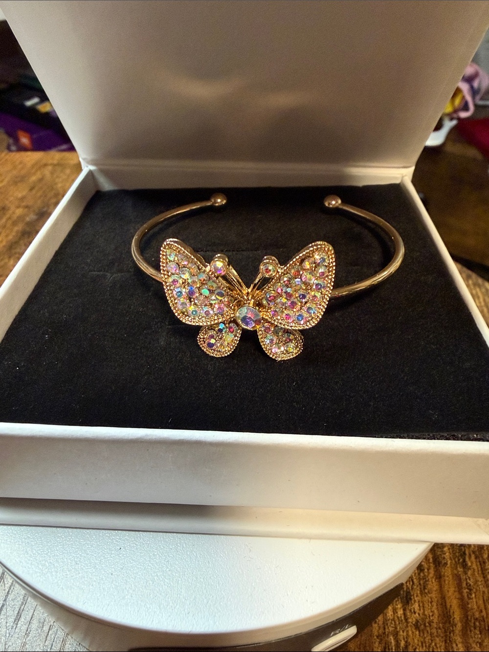 Gold tone Butterfly Cuff Bracelet w/ Multicolor Crystals Bundle w/ Butterfly Pen